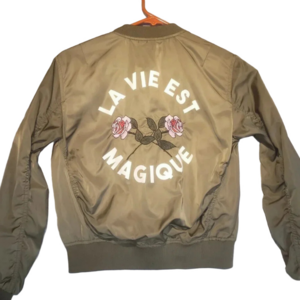 H&M Olive Green "La Vie Est Magique" Girl's Bomber Jacket  Size US 10-11Y